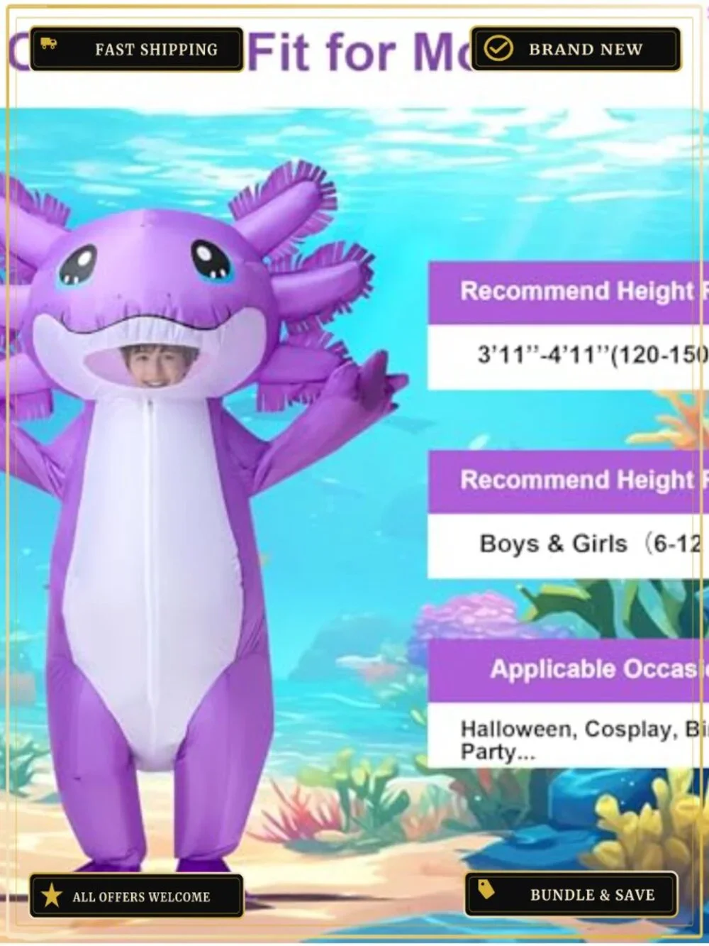 Kids Inflatable Axolotl Costume Blow-Up Suit Halloween Party School Event